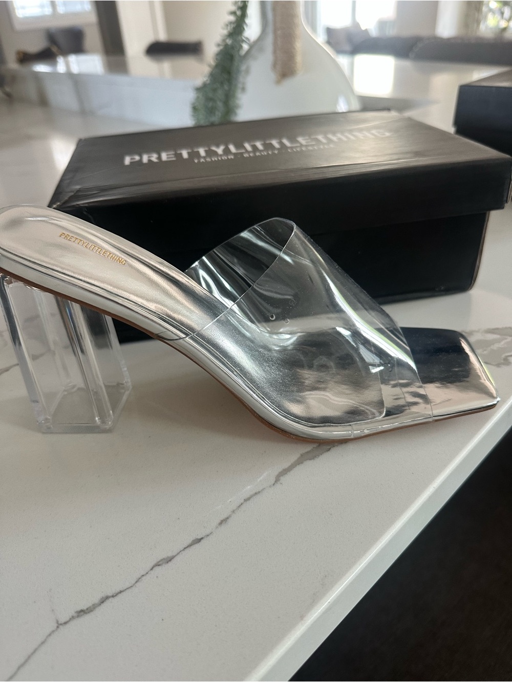 PrettyLittleThing Silver Clear PVC Block Heel Mule